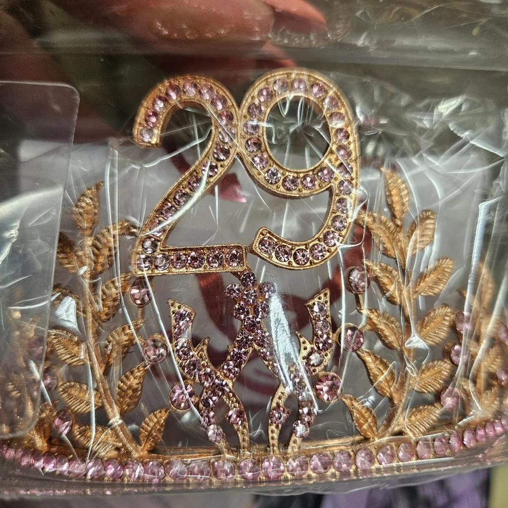 NWT 29th Birthday Party Princess Tiara and Sash in Rosegold and Pink Rhinestones